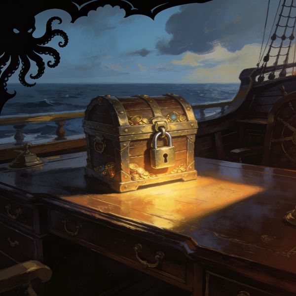 Secured treasure chest with gold padlock on a dark wooden captain's desk, dramatic single-light chiaroscuro