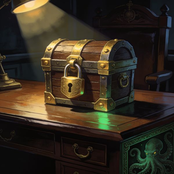 Secured treasure chest with heavy gold padlock on a dark polished-wood captain's desk, dramatic single-light chiaroscuro