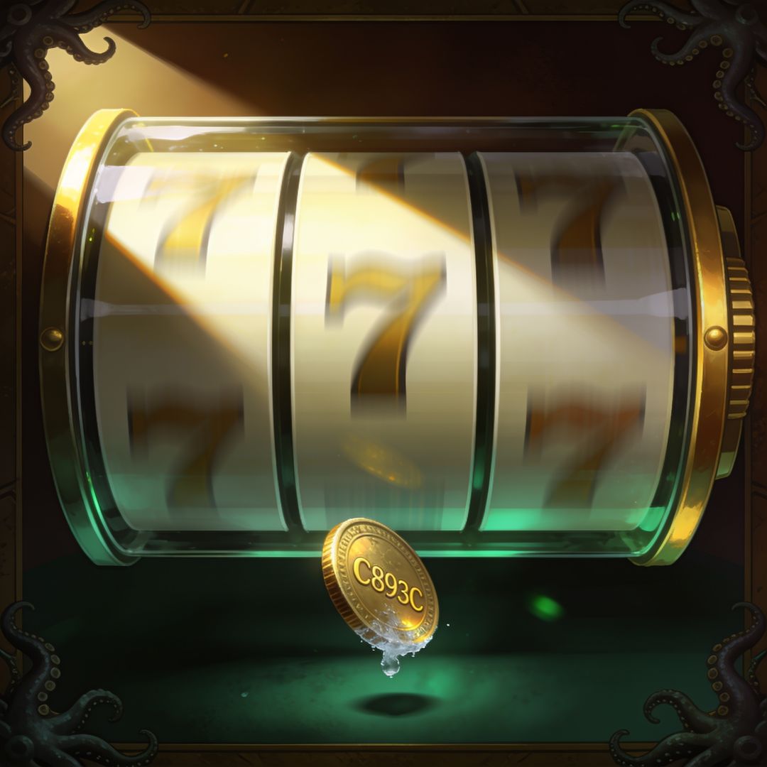 Slot reels mid-spin behind glass, coin frozen mid-drop