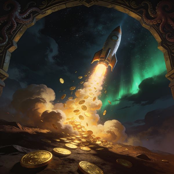 Rocket launching skyward, gold coins cascading from exhaust clouds