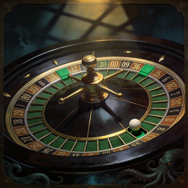 Oversized roulette wheel with ball resting in a pocket, dramatic lighting