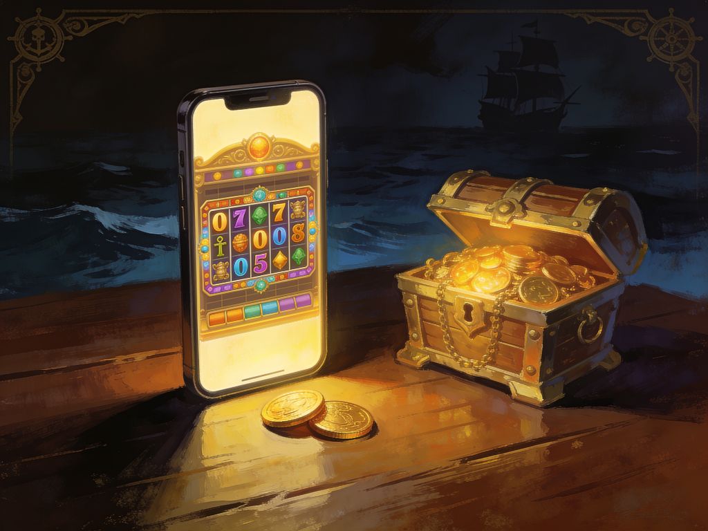 Smartphone displaying mobile casino interface with golden coins and pirate treasure accents on a dark dramatic background