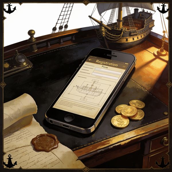 A smartphone displaying a registration form on a dark captain's desk, gold coins and a wax-sealed document beside it, dramatic lighting