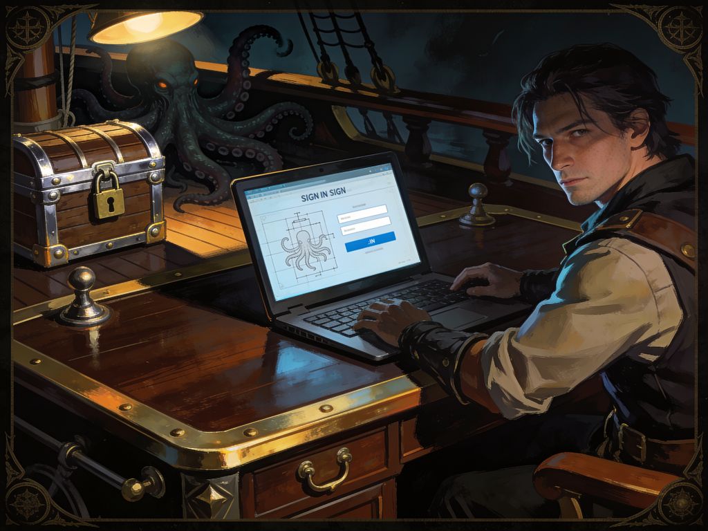 A person at a laptop on a polished wooden captain's desk, screen showing a sign-in form, dramatic chiaroscuro lighting with golden highlights