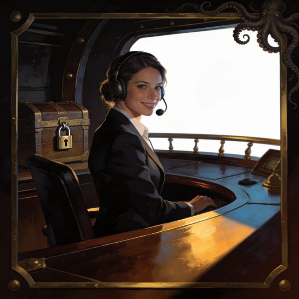 A woman support agent in a business suit at a desk with a headset, friendly composed expression, secured chest in background, dramatic chiaroscuro
