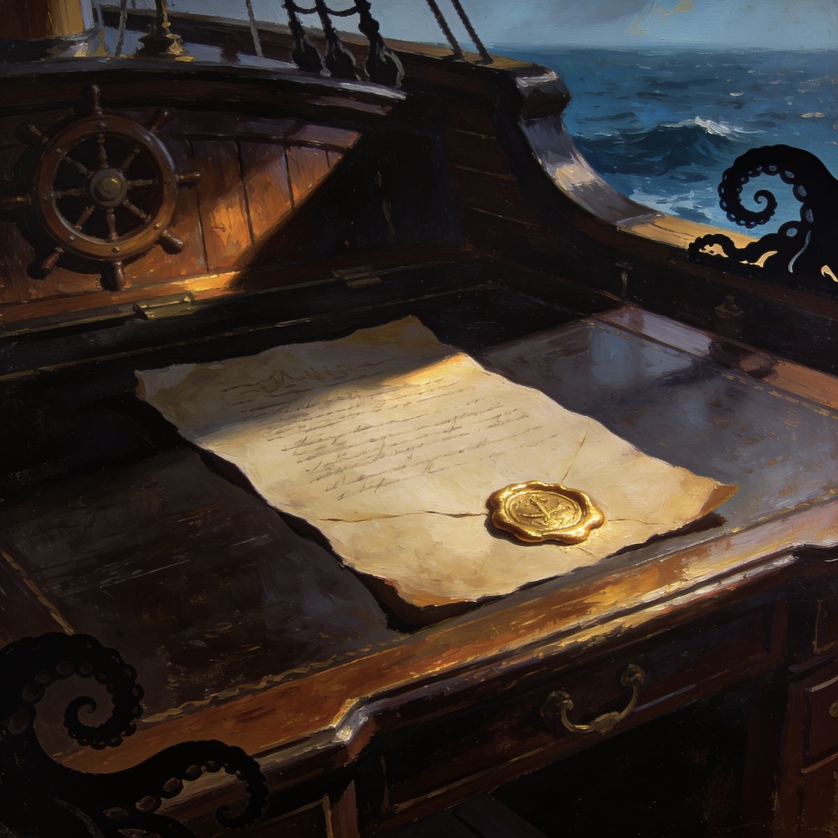 Wax-sealed document on captain's desk in dramatic pirate-casino illustration