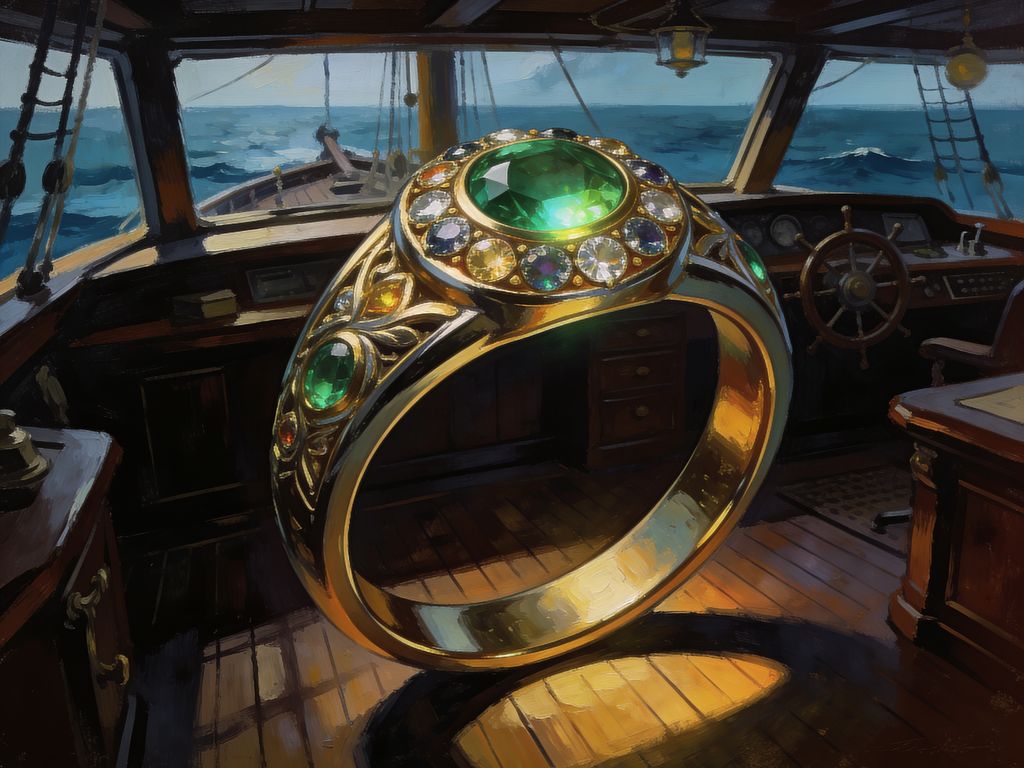 Ornate VIP ring with gems in dramatic pirate-casino illustration