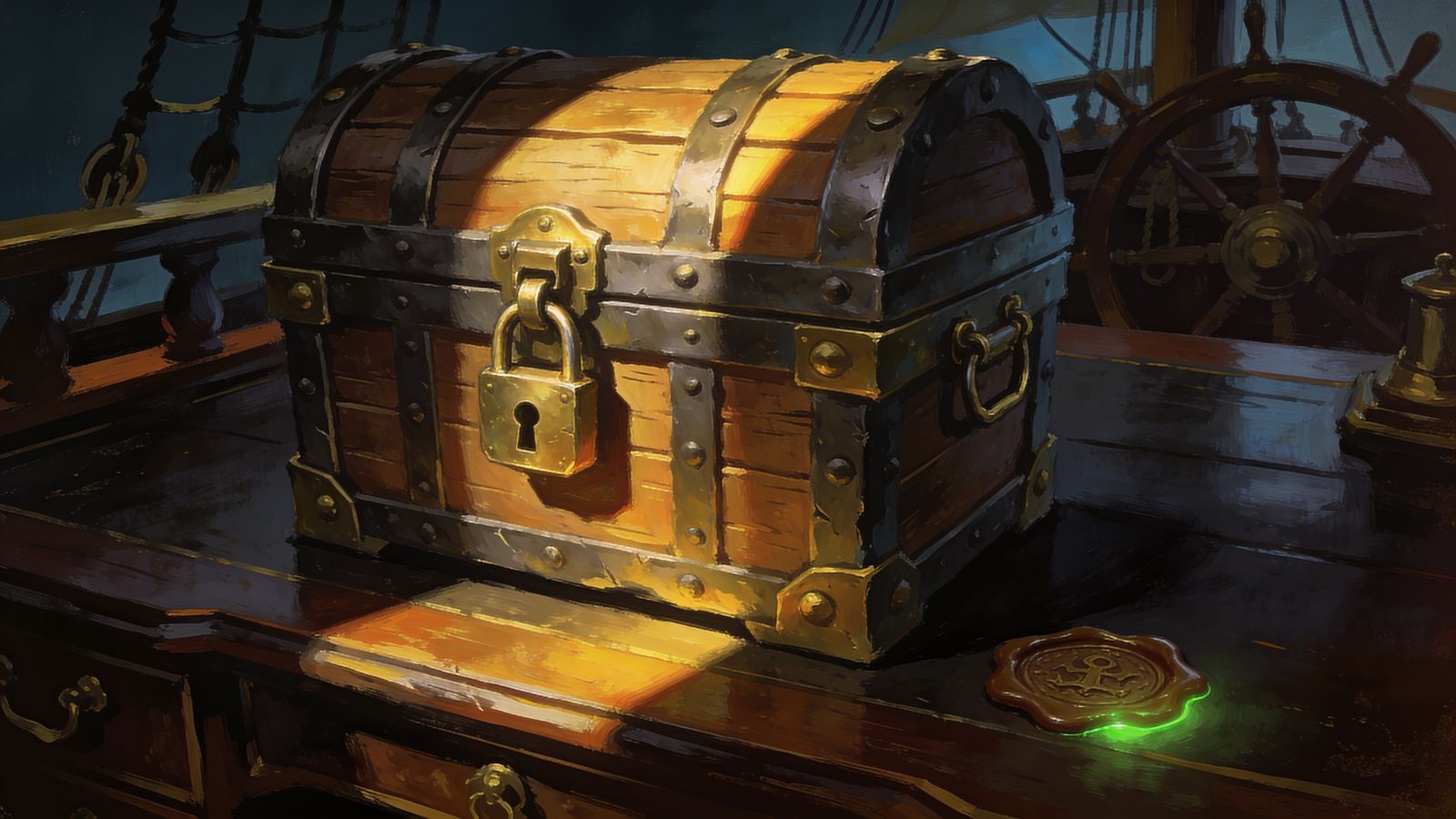 Secured chest with padlock on a dark wood captain's desk — player data protection