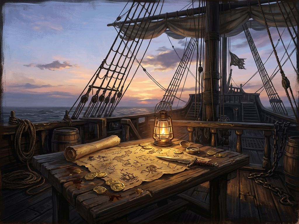 Pirate ship deck with lantern-lit map table and coins