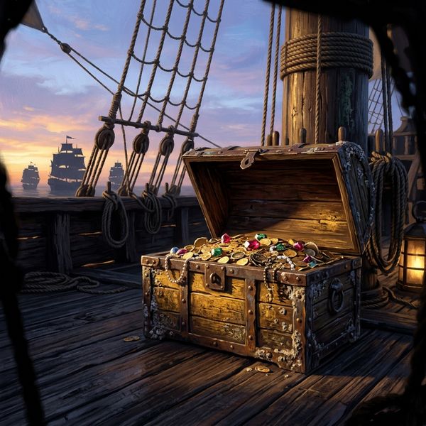 Open treasure chest overflowing with gold on ship deck