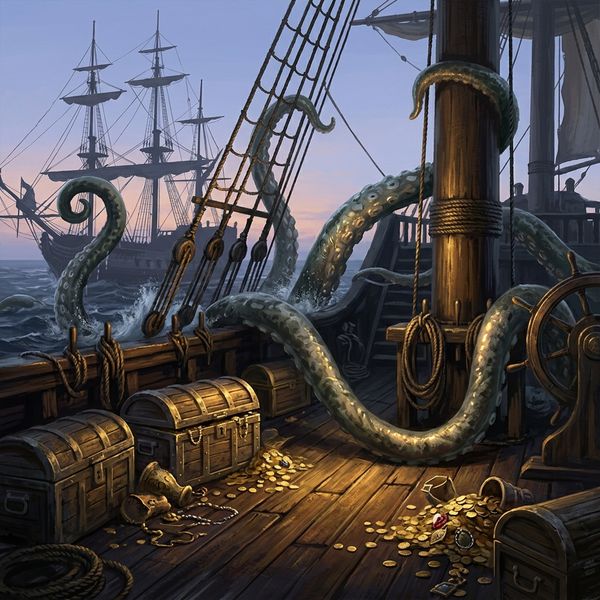 Pirate ship deck with treasure chests spilling gold